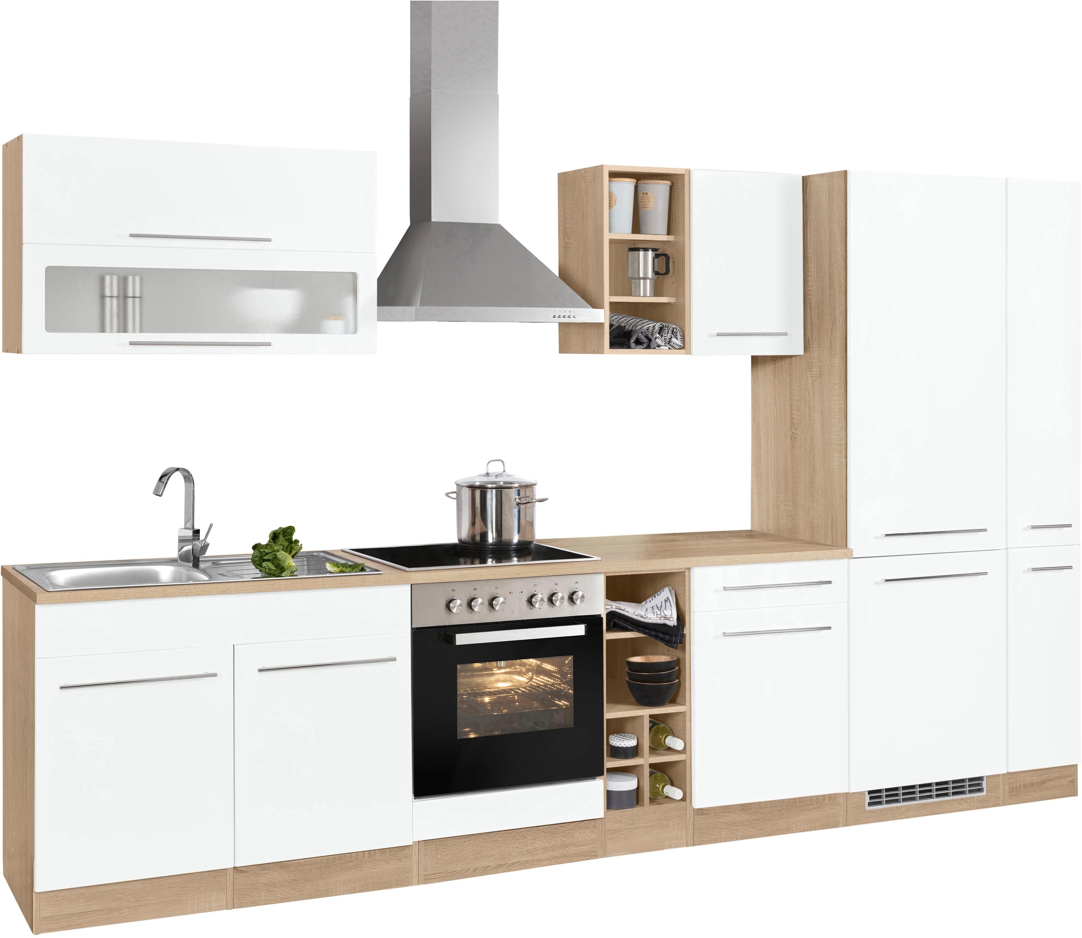 Küchenzeile KOCHSTATION "KS-Eton", weiss (küche: weiß, korpus: eichefarben, arbeitsplatte: eichefarben), B:330cm T:60cm, Komplettküchen-Sets, Küchenzeile, ohne E-Geräte, Breite 330 cm küche: weiß, korpus: eichefarben, arbeitsplatte: eichefarben B/H/T: 330