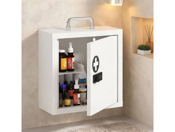 Armoire à pharmacie murale compacte en acier inoxydable avec serrure à code et deux niveaux de rangement blanc