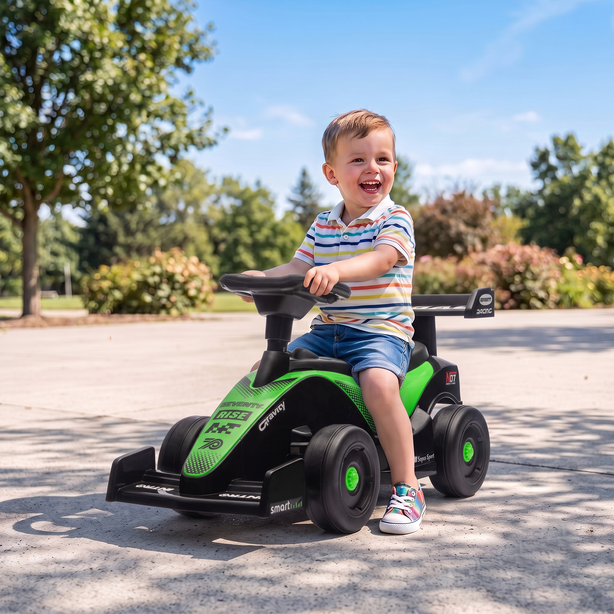 Aiyaplay Auto cavalcabile F1 con volante musicale, ruote silenziose e portaoggetti, verde   Aosom Italy