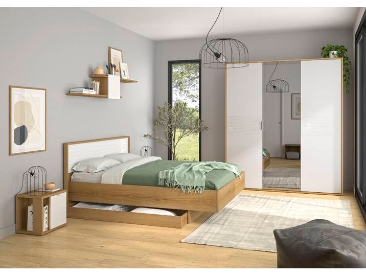 Einzelbett, Spanplatte, Helvezia Eiche Nachbildung & Weiß, 180×200 cm, Kopfteil mit Relief, GAMI