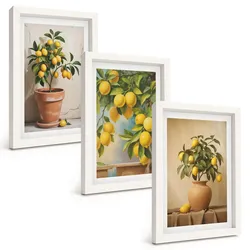 BILDER SET 3er Set - 20x30 cm Weißer Rahmen - Zitronenbäumchen im Topf und in der Vase