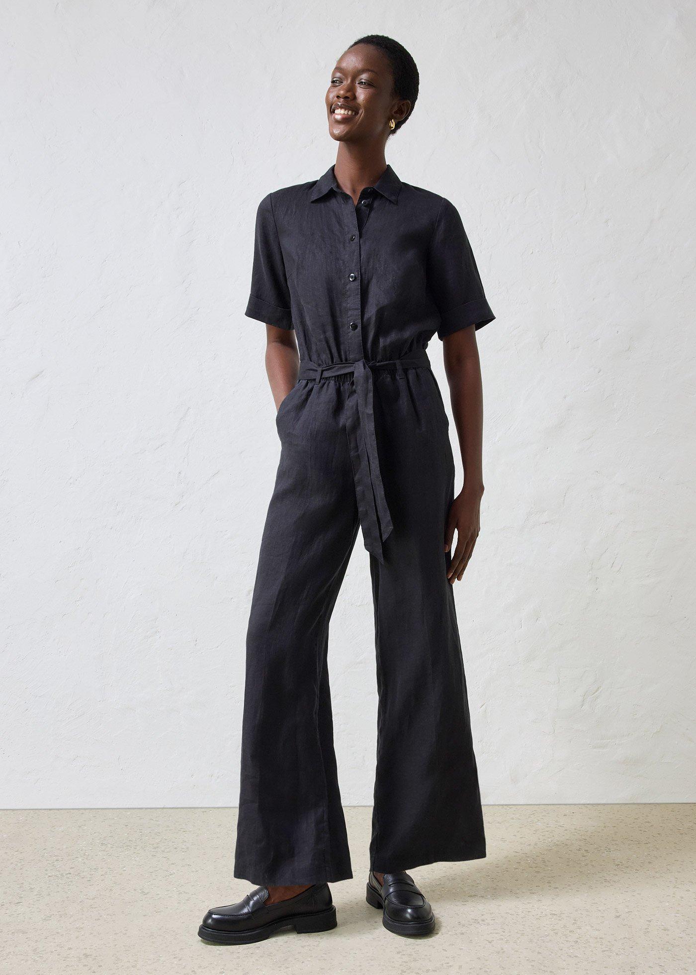 bonprix Jumpsuit aus reinem Leinen, schwarz, Gr.44, eleganter Jumpsuit aus reinem Leinen, mit passendem Bindegürtel