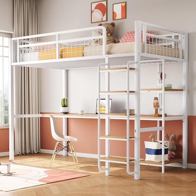 Kinderbett 90x200 cm, Metall Hochbett mit Schreibtisch, Treppe und Regalen, Sicherheitszaun mit Metallgitter,Platzsparendes Design für Kinder, Jugendliche und Studenten, Weiß