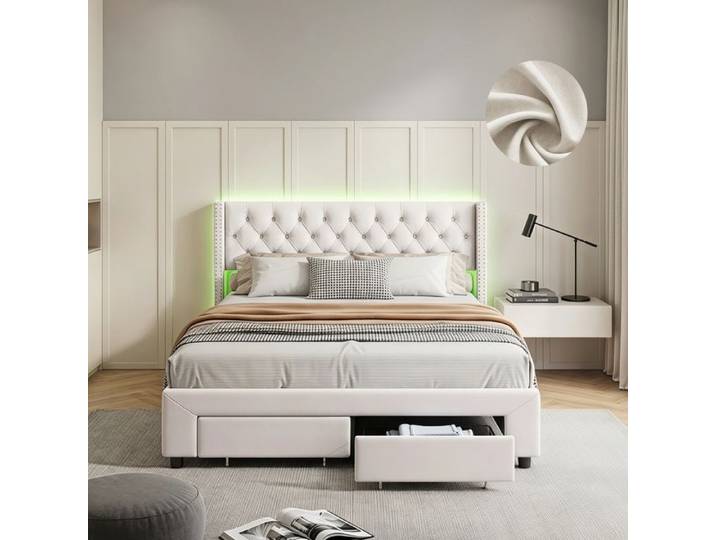 Lit double 140x190 cm - NEXU - Velours blanc cassé - LED intégrée & ports USB - Tiroirs de rangement