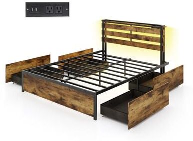 Costway Full/Queen/Twin Size Bed Frame with Drawers LED Lights and USB Ports-Queen Size