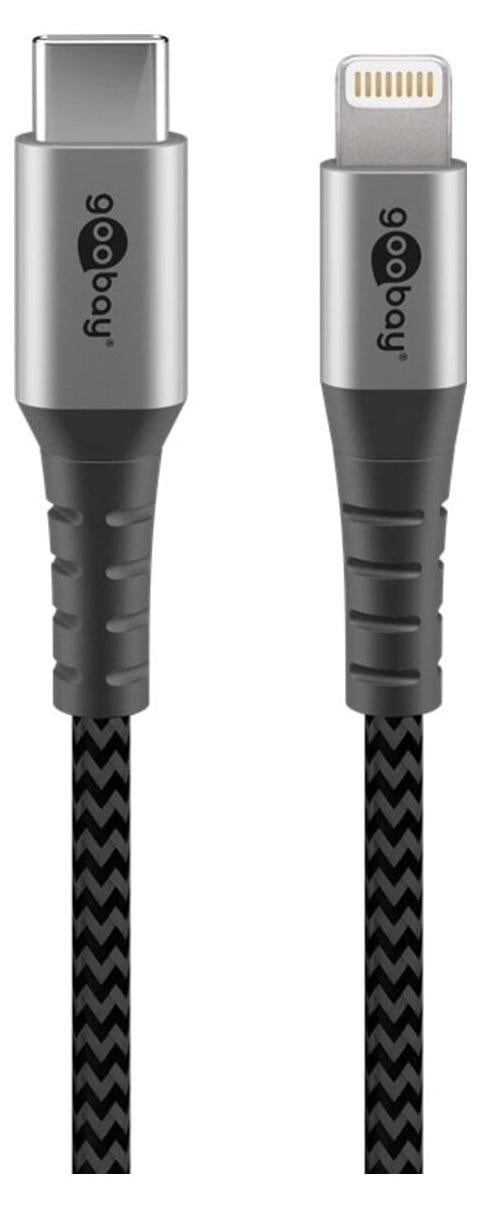 Goobay Lightning naar USB-C oplaad- en synchronisatiekabel, volledig metaal, zwart/grijs, 1 meter