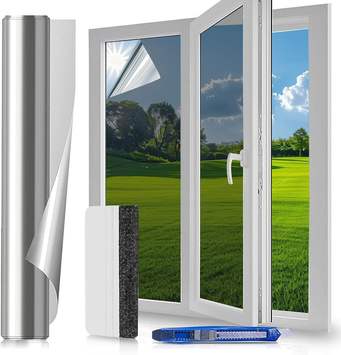 Reflecterende Raamfolie voor Privacy en Zonbescherming met Bevestigingsset, Breedte: 60 cm, Hoogte: 200 cm