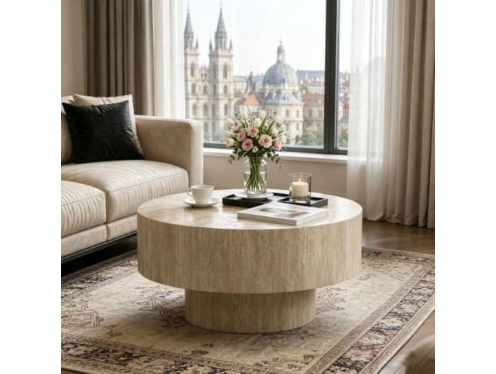 YPDOPORA Runder Couchtisch in Trommelform,Couchtisch aus Travertin Couchtisch aus Holz im Mid Century Modern Stil Mit Stabilem Sockel FüRs Wohnzimmer Wohnung