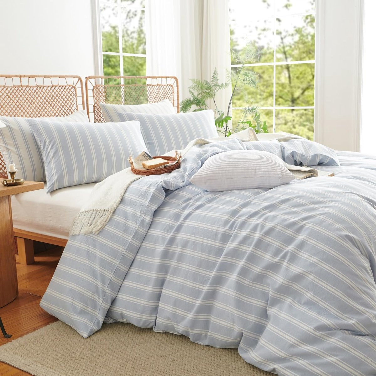 SnelShoppen Beddengoedset van 100% Renforcé Katoen, Gestreept Blauw/Wit, 135 x 200 cm