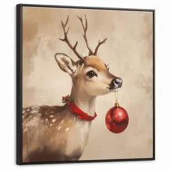 LEINWAND Bilder mit Rahmen - Weihnachten - Hirsch - Geweih - Weihnachtskugel - Rentier - 90x90