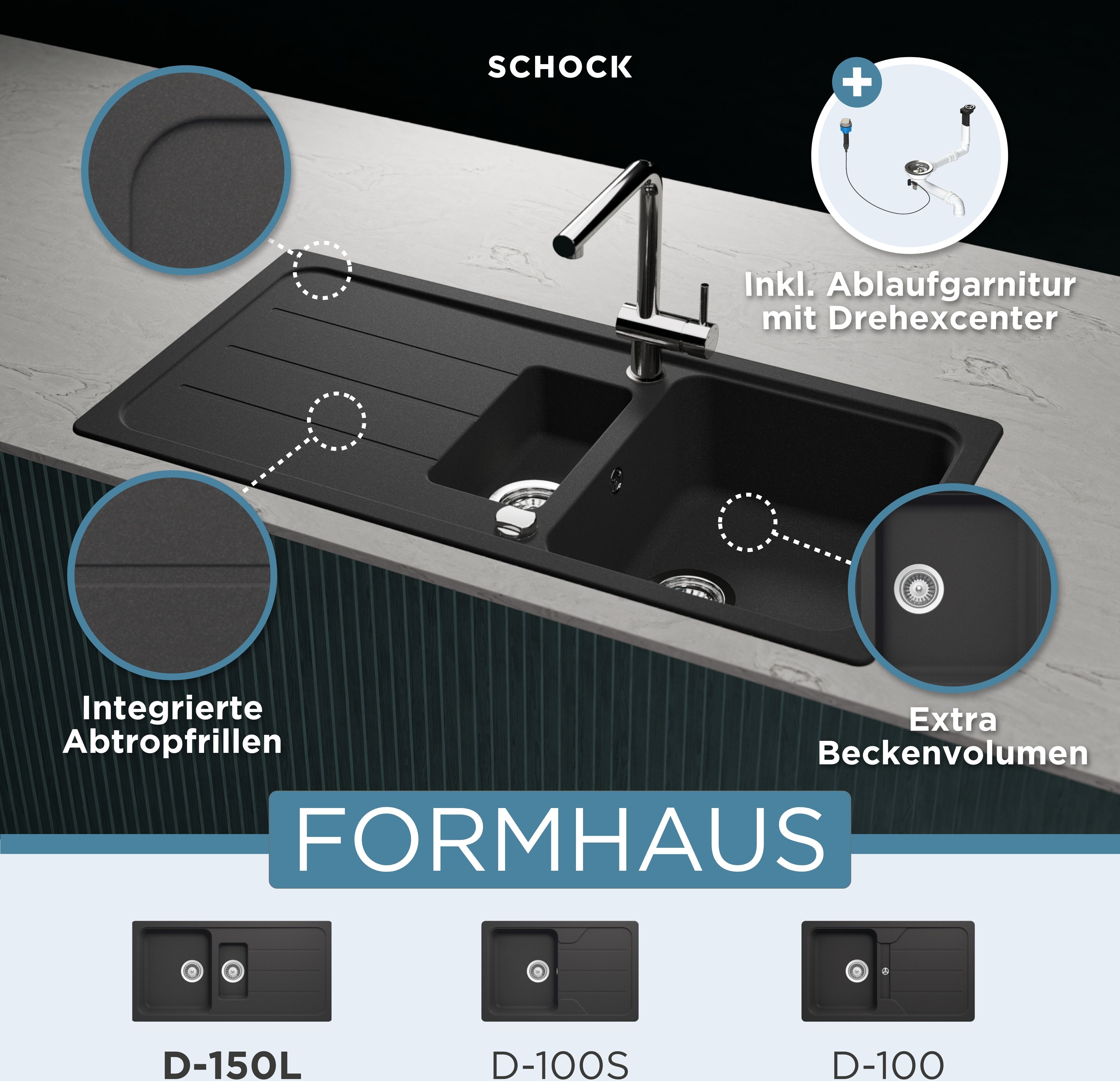Granitspüle SCHOCK "COMO D-150L", schwarz (onyx), B:100cm H:29,8cm T:50cm, Domogranit, Küchenspülen, Granitspüle, inklusive ab- und Überlaufgarnitur, Drehhexcenter, Diamantbohrer onyx beidseitig