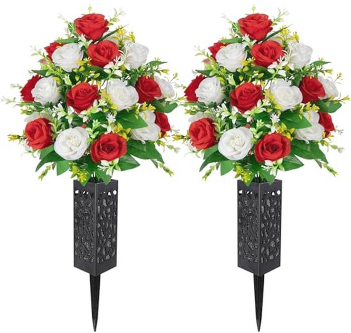 Kunstbloemen boeket voor begraafplaats met vaas - Blauwe en witte grafdecoratie