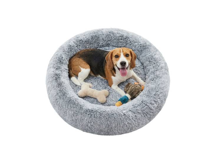JOYFURNOS Lit pour chien en forme de beignet moelleux apaisant avec housse amovible lavable, 80 cm, gris