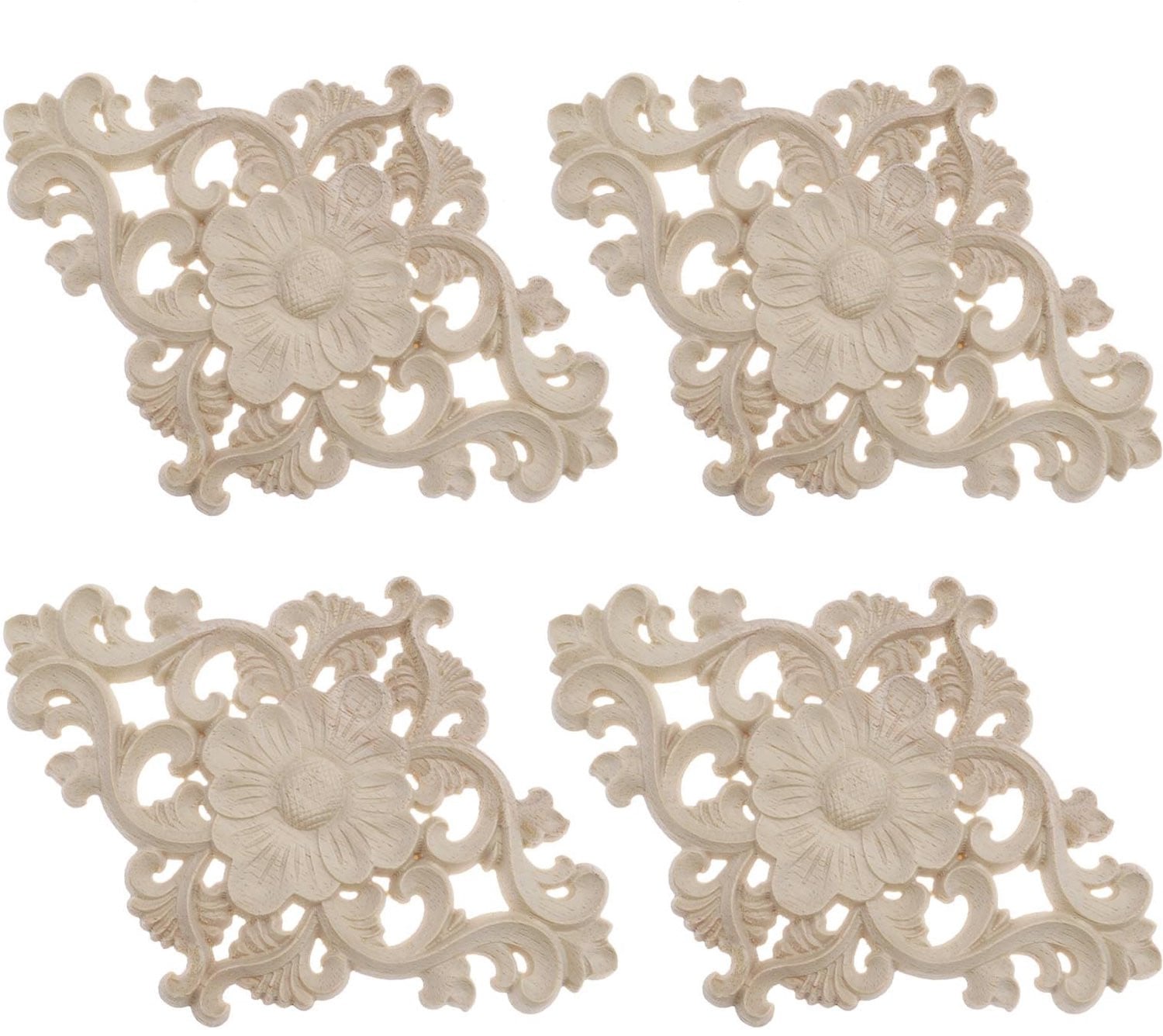 Set van 4 ongeschilderde houten appliques in bloemvorm voor meubeldecoratie