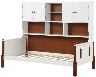 Costway Twin Bed with Bookcase with Shelves and Wooden Slat Support No Box Spring Needed for Living Room Bedroom-White