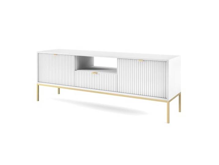 Fernsehschrank Lowboard in weiß, Fußgestell goldfarben, Griffe goldfarben