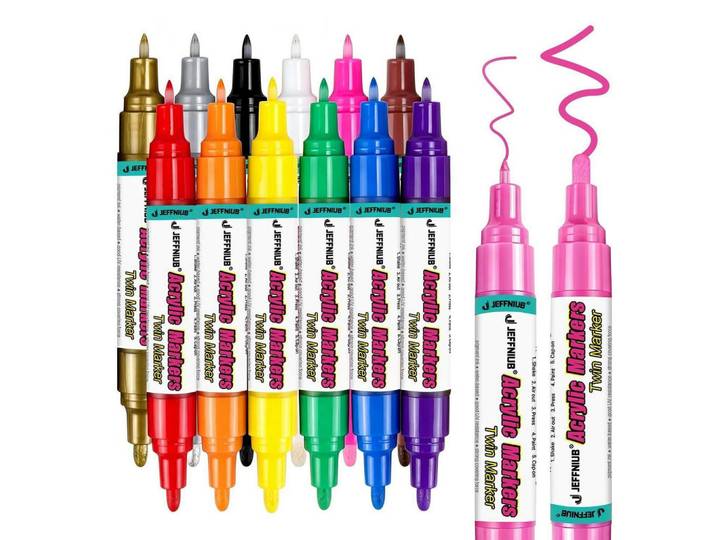 Acrylstifte 12er Set Doppelspitze Wasserfest 0,7mm-2mm, Mehrfarbig, Kunststoff, 1x1x15 cm, Dekoration, Malbedarf & Bastelbedarf