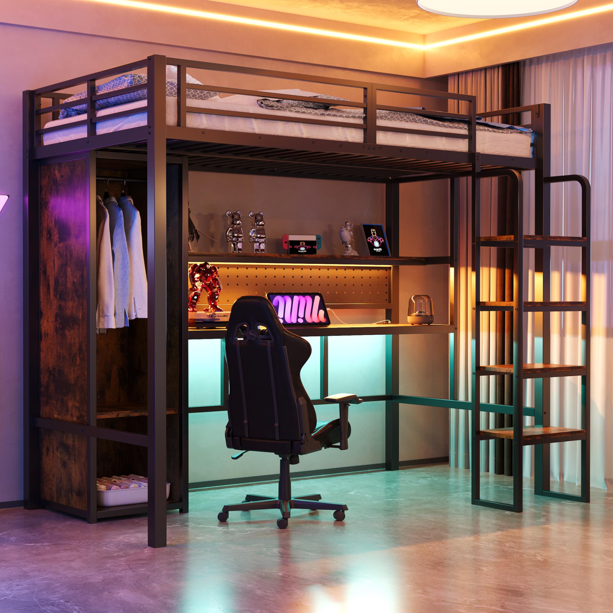 okwish Hochbett Metallbett 90x200 cm mit Schreibtisch und Stecktafel,Jugendbett LED-Lichtleiste,Bettgestell mit Einzelkleiderschrank, schwarz (ohne Matratze)