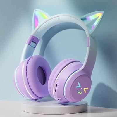 Inspired Finds RGB Cat Ear Wireless Gaming Headset With Bluetooth And Cable purple