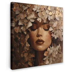 LEINWANDBILD Gesicht - Dame - Blätter - Pinselstriche Wandbild Wohnzimmer 50x50 cm