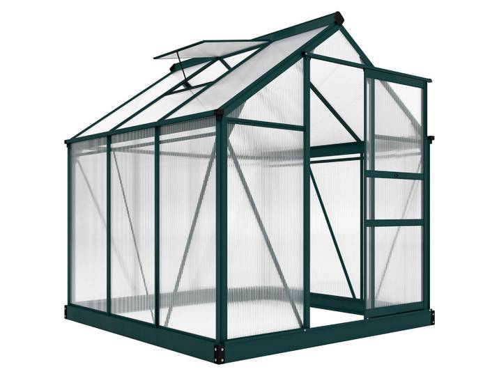 ComfortXL Gewächshaus De-11893 Polycarbonat mit Dachluke & Regenrinne Dunkelgrün, Grün, Metall, 192x201x190 cm, Gartenzubehör, Gartenhäuser & Gewächshäuser