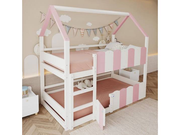 Lit superposé enfant 90x200cm - MODERNLUXE - Design maison - Barrières de sécurité - Rose(sans matelas)