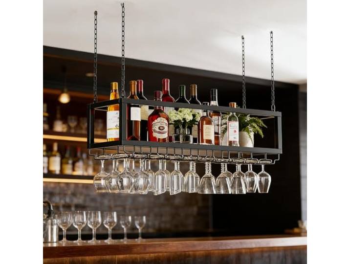 bimiti Hängendes Weinregal Metall Massivholz 2 Ebenen höhenverstellbar mit Gläserhaken 29x100x33,5cm wandmontierbar Flaschenhalter für Küche Bar Café Weinkeller Schwarz