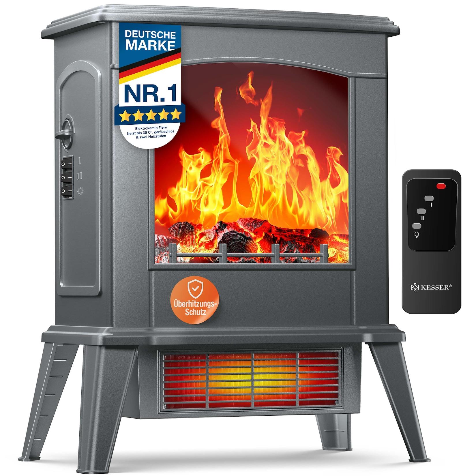 KESSER® LED Kamin Fiero mit Heizung elektrisch Kaminheizung Elektrokamin Standkamin mit realistischem Feuer -/ Flammeneffekt per Fernbedienung, Thermosicherung verschiedene Heizstufen 2000W
