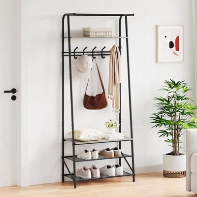 Garvee Coat Rack Shoe Bench with 5 Hooks, Hall Trees Entryway Bench with Storage, Multifunctional Hallway Organizer - 25.2x11.4x70in