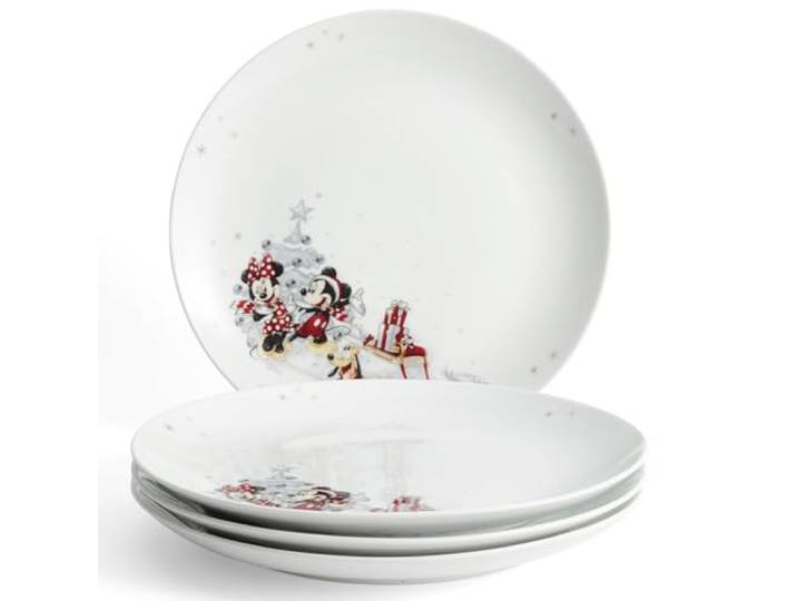 Fyrklövern Micky, Minnie & Pluto Flacher Teller Disney, 4er-Set, 27 cm, Porzellan, Spülmaschinenfest, Winter, Weiß