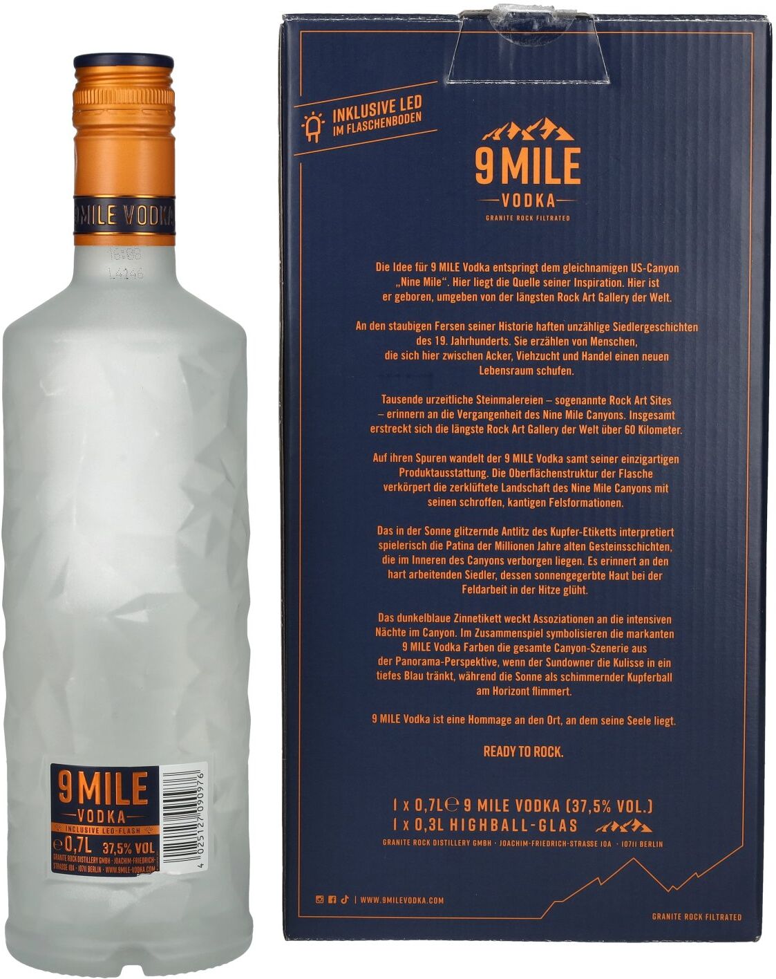 9 Mile Vodka 37,5% Vol. 0,7l in Geschenkbox mit Glas