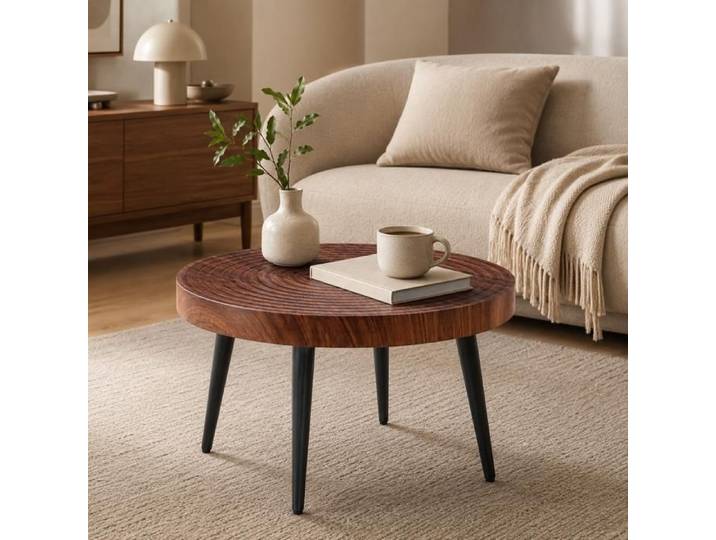 Table basse - Table basse ronde en noyer - Plateau 5 cm d'épaisseur - Pieds métal noir - Ø60 x H37 cm