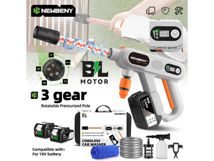 NEWBENY 220Bar sans brosse haute pression puissance laveuse de voiture pistolet 3 vitesses sans fil jardin propre pistolet pour Makita 18V batterie broche