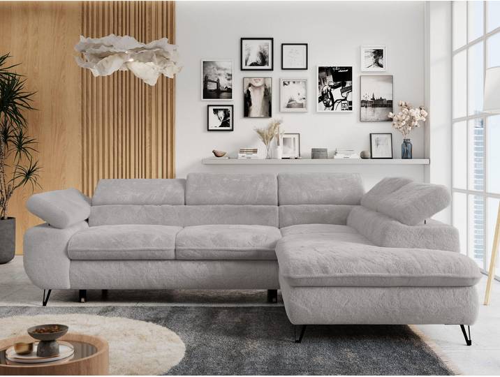 Ecksofa Sofa Aschgrau, Wohnlandschaft L-Form mit Schlaffunktion und Bettkasten, Schlafsofa mit Bettkasten, Sofa mit Einstellbare Kopfstützen, Peter L - Aschgrau Plüsch - Rechts Aschgrau