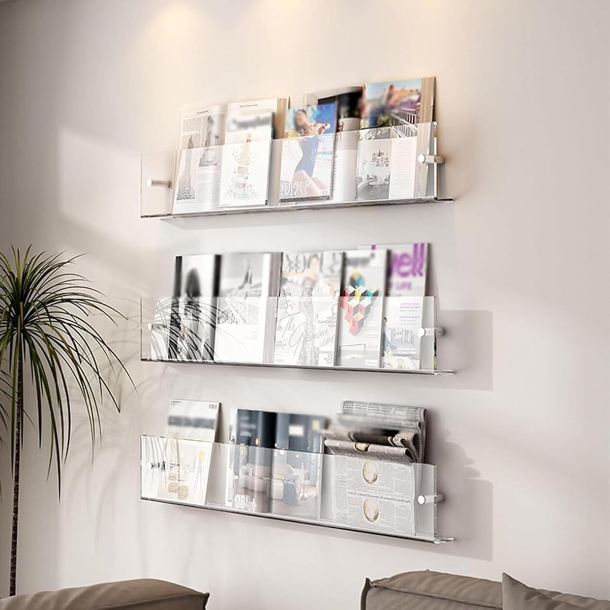 Set van 3 Transparante Acryl Magazine Displays voor Wandmontage