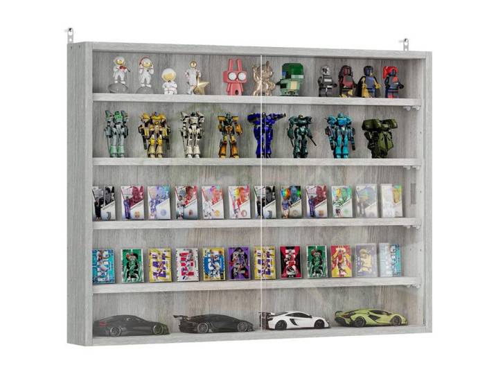 Vitrine murale argentier objets de collection gris 5 étagères réglables en hauteur 2 portes coulissantes en verre