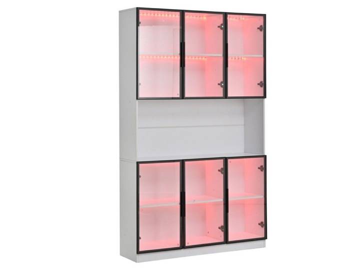 Vitrine 120x34x200 cm meuble haut autoportant 6 portes vitrine vitrée éclairage LED salon multifonctionnel grand meuble blanc