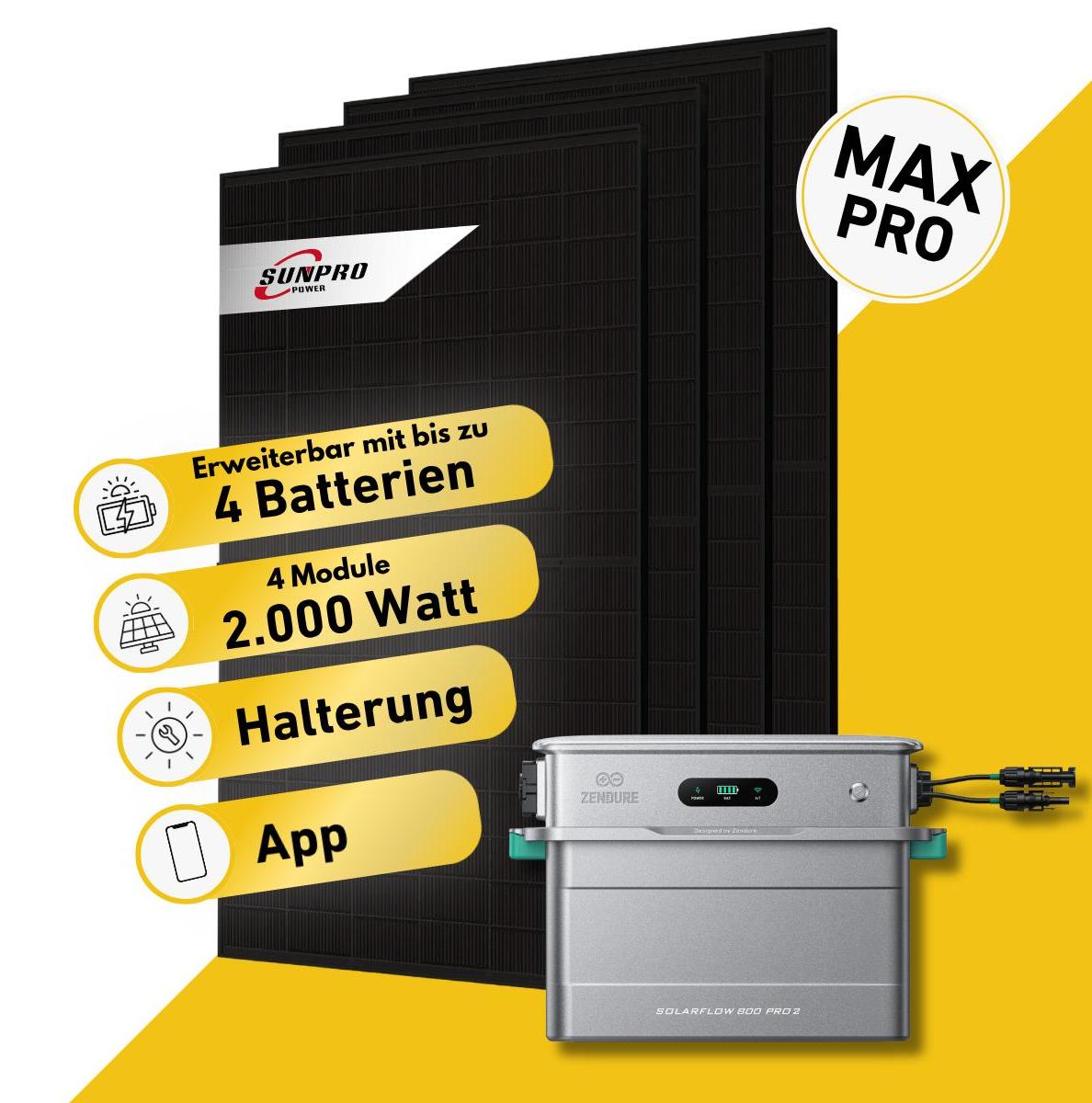 Balkonstrom Balkonkraftwerk 2000W Solaranlage mit Speicher | Fassadenhalterung 90Grad | 4xSolarmodul Bifazial | Zendure SolarFlow 800 Pro 2
