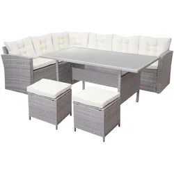 PROREGAL Poly-Rattan-Garnitur Gartengarnitur Sitzgruppe Lounge-Esstisch-Set Sofa Hellgrau Kissen Creme + 2x Hocker