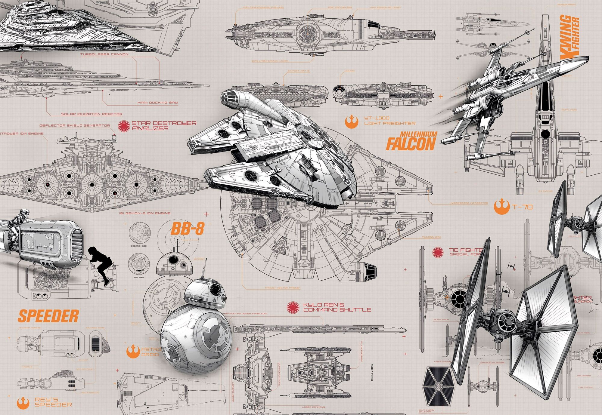 Fototapete KOMAR "STAR WARS Blueprints - Größe 368 x 254 cm", grau (grau, gelb), B:368m L:254m, Papier, Tapeten, Fototapete, Kinderzimmer