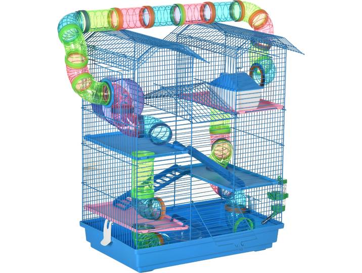 PawHut Cage pour Hamster Souris Petit Animaux Rongeur avec Tunnel Mangeoire Roue Jouet 47 x 30 x 59 cm Bleu
