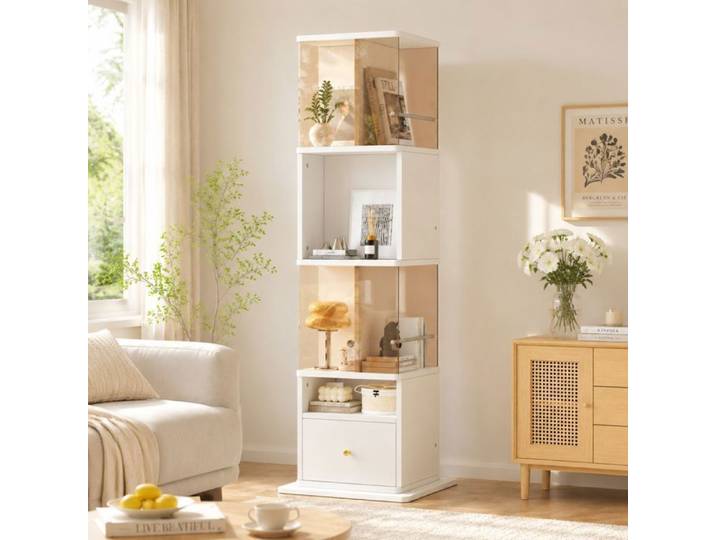 Verre Trempé et Plateau Tournant Accès Facile Vitrine Colonne avec Tiroir et LED pour Salon et Décoration