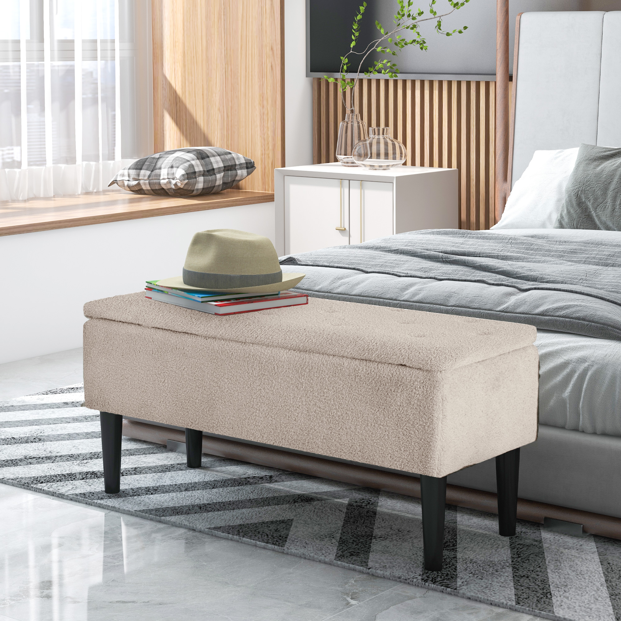 Homcom Panca Fondoletto con Vano Contenitore da 47L e Rivestimento Bouclé, 95x38x45 cm, Beige Aosom