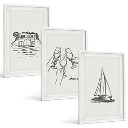BILDER SET 3er Set - 40x60 cm Weißer Rahmen - Haus am Wasser, Segelboot-Toast