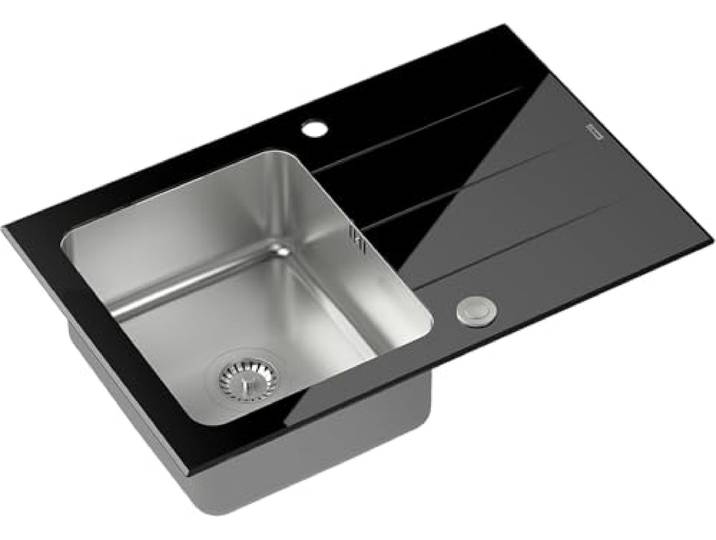 QUADRON Spülbecken Schwarz Größe 78 x 50 cm Edelstahlspüle FORD 111 Einzelbecken Küchenspüle mit Stahlkammer Glass & Edelstahl mit Siphon und Schraubverschluss mit Abtropffläche