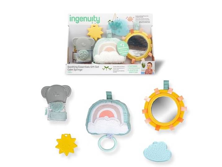 Ingenuity Calm Springs Soothing Essentials cadeauset - muzikaal speelgoed, rammelaar, spiegel, 2 bijtringen voor baby