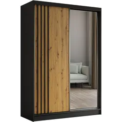 KLEIDERSCHRANK mit Spiegel-Schiebetüren und Aluminium-Leisten, LED-Beleuchtung - NALLA - 150 cm Schwarz+Artisan+Schwarz