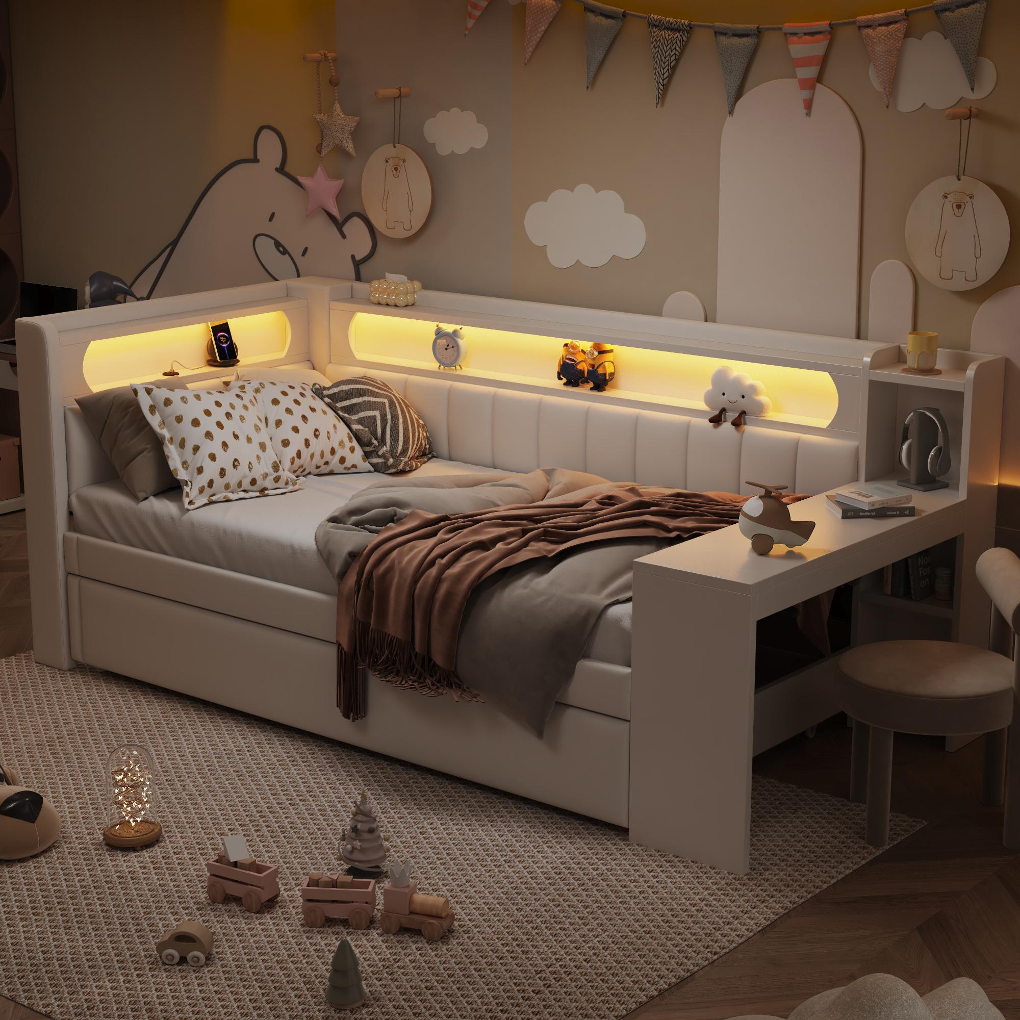 Gepolstertes 90x200 Tagesbett mit USB-Anschlüssen und LED-Gürtel, mit Ausziehbett und Schreibtisch, Weiß