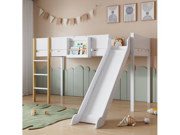 Lit Enfant Mezzanine 90x200 Avec Toboggan Pin Et Mdf Havrya