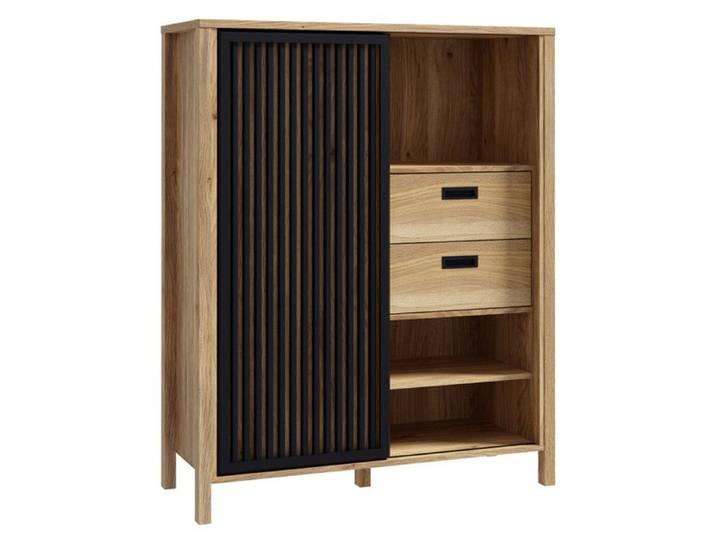 Armoirette 103 cm décor chêne porte coulissante ajourée noire - SELENA Meubletmoi